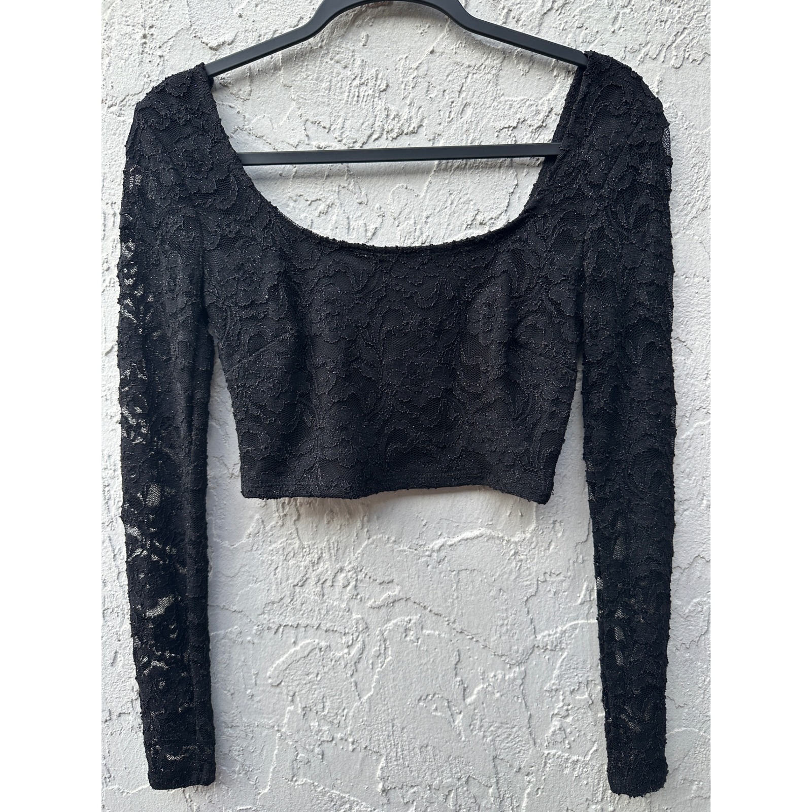 B. Darlin Y2k Black Lace Long Sleeve Scoop Neck Crop Top Women 7/8 Sparkle